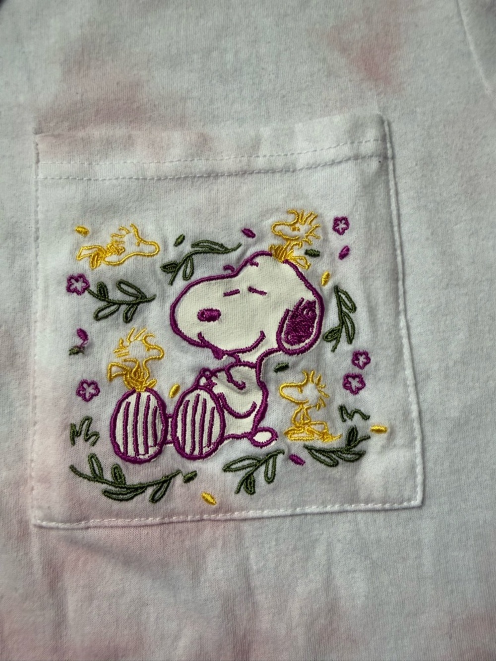 Peanuts Pink and White Tie-Dye Short Sleeve Tee with Embroidered Snoopy Pocket - Picture 2 of 7